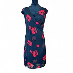 FLP Faith Love & Passion Black Red Floral Ruched Midi Dress L